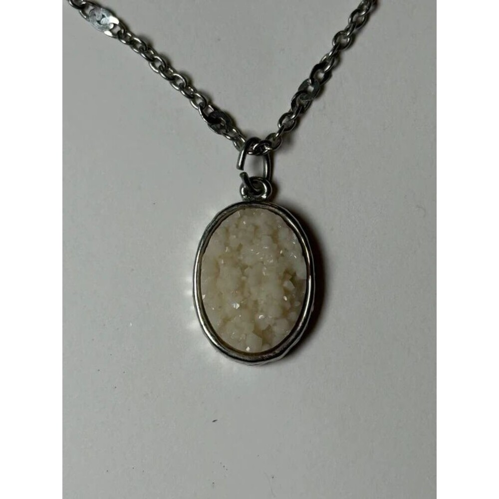 cream raw geode crystal silver necklace